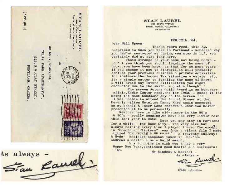 Stan Laurel Letter Signed With His Full Name, on His Personal Stationery -- ''...Dana Andrews & Charlton Heston presented [the Screen Actors Guild Life Achievement Award] to me personally...''